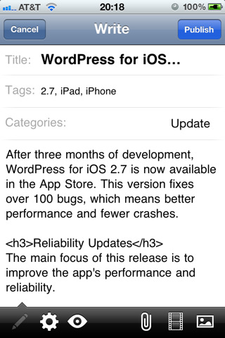WordPress para iOS se actualiza a la versión 2.7 6